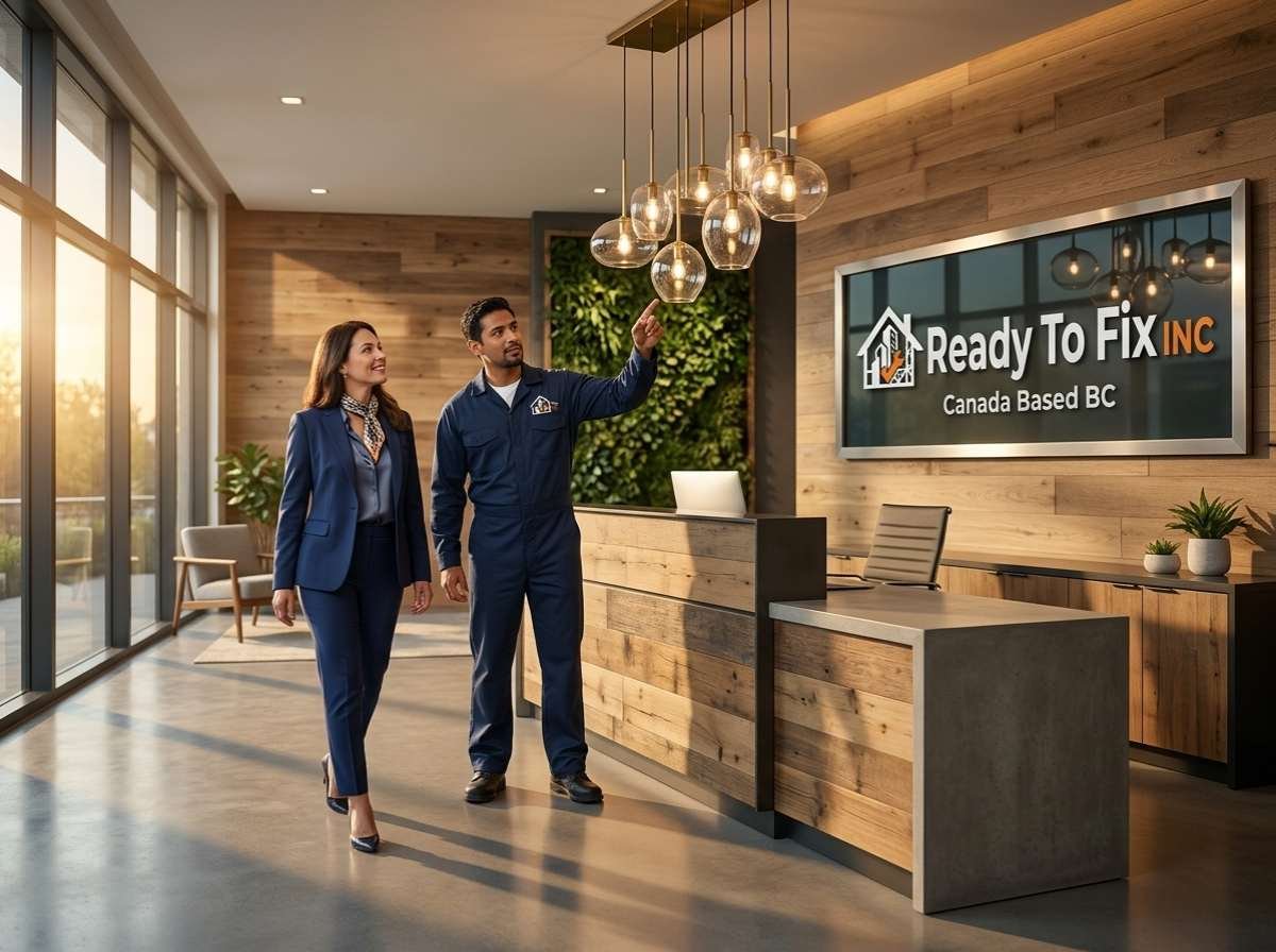 A commercial property manager inspecting the successful transformation and modern renovation of a commercial office building lobby by Ready To Fix INC