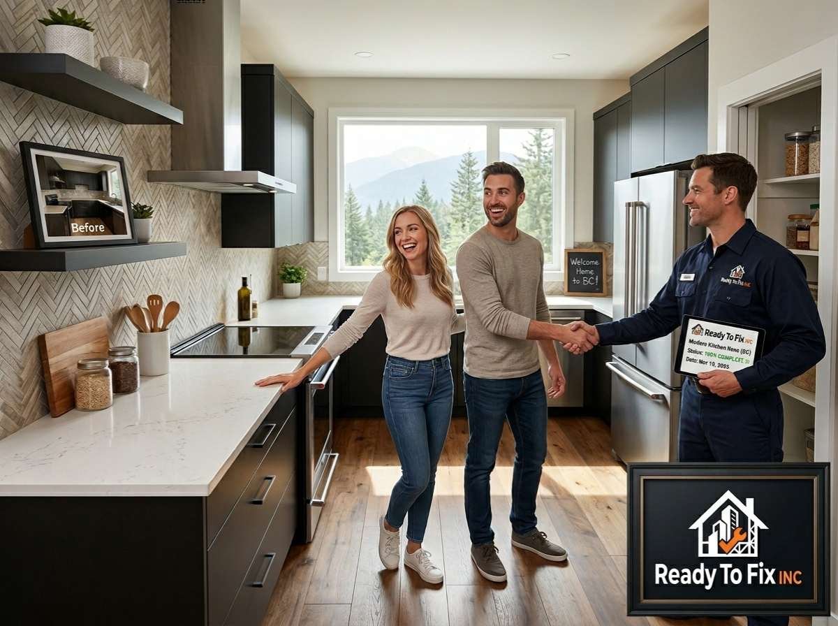 A happy couple enjoying their newly completed luxury residential kitchen renovation, designed and built by Ready To Fix INC, featuring modern countertops and custom cabinetry