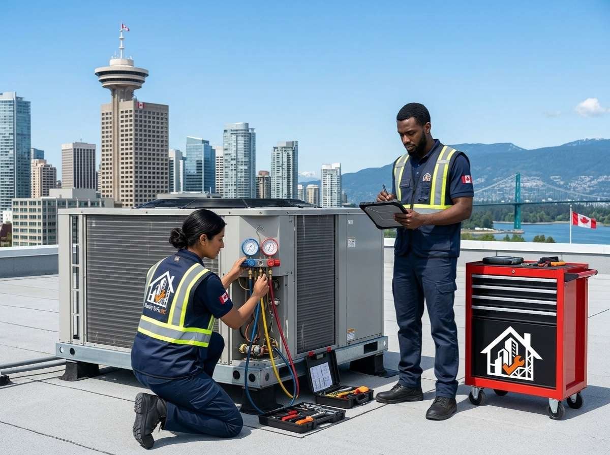 Certified technical crew from Ready To Fix INC conducting preventative commercial HVAC system maintenance on an office building rooftop in a major Canadian city