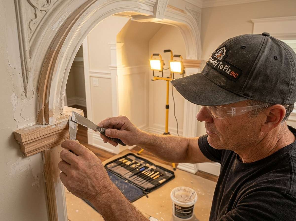 Expert structural and cosmetic restoration work by Ready To Fix INC on a water-damaged interior wall and historic archway within a traditional residential property