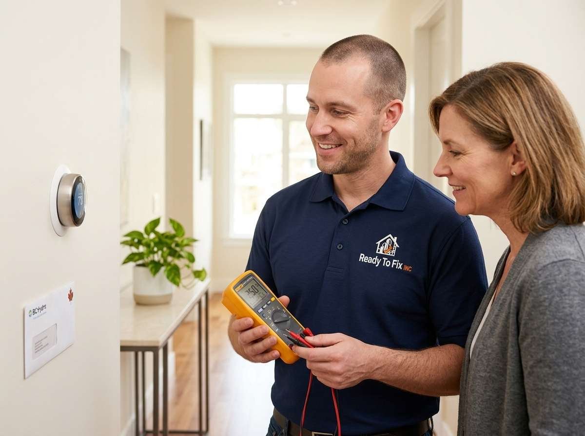 Ready To Fix INC professional handyman performing routine electrical system maintenance and smart thermostat check-up in a residential home hallway, interacting with a client
