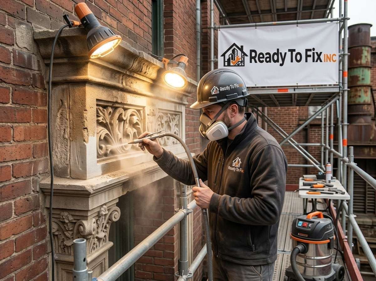 Ready To Fix INC structural facade restoration work in progress on a historic commercial brick and stone building, using specialized equipment